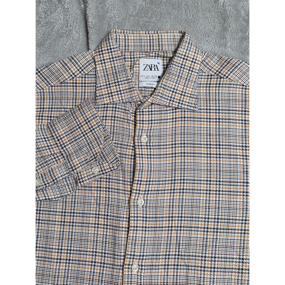 Zara Shirt Mens Small‎ Beige Plaid Long Sleeve Button Front Slim Fit Casual